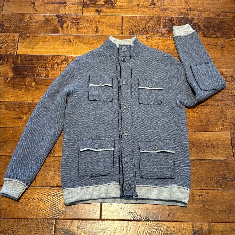 Emozioni Uomo Italian Blue Gray Wool Button Up Men's Sweater Size Large